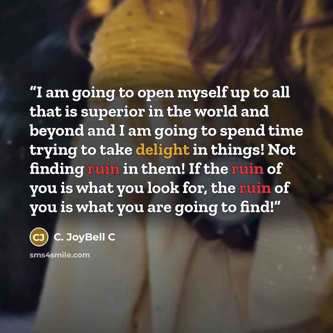 “I am going to open myself up to all that is superior in the world and beyond and I am going to spend time trying to take delight in things! Not finding ruin in them! If the ruin of you is what you look for, the ruin of you is what you are going to find!” quote by C. JoyBell C