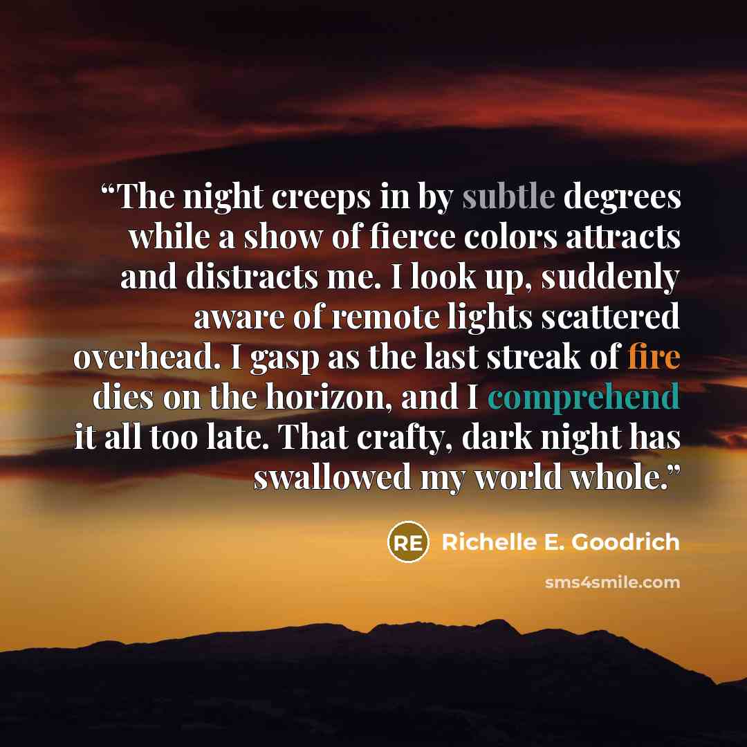“The night creeps in by subtle degrees while a show of fierce colors attracts and distracts me. I look up, suddenly aware of remote lights scattered overhead. I gasp as the last streak of fire dies on the horizon, and I comprehend it all too late. That crafty, dark night has swallowed my world whole.” quote by Richelle E. Goodrich