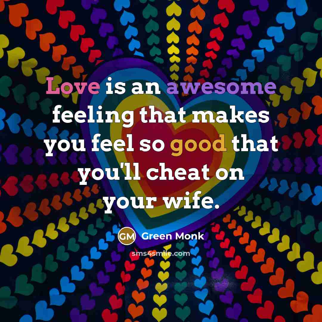 “Love is an awesome feeling that makes you feel so good that you'll cheat on your wife.” quote by Green Monk
