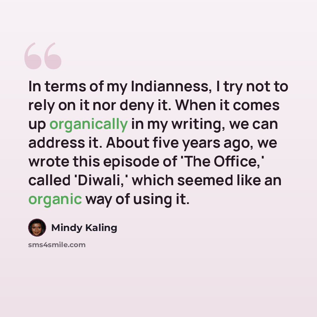 “In terms of my Indianness, I try not to rely on it nor deny it. When it comes up organically in my writing, we can address it. About five years ago, we wrote this episode of 'The Office,' called 'Diwali,' which seemed like an organic way of using it.” quote by Mindy Kaling