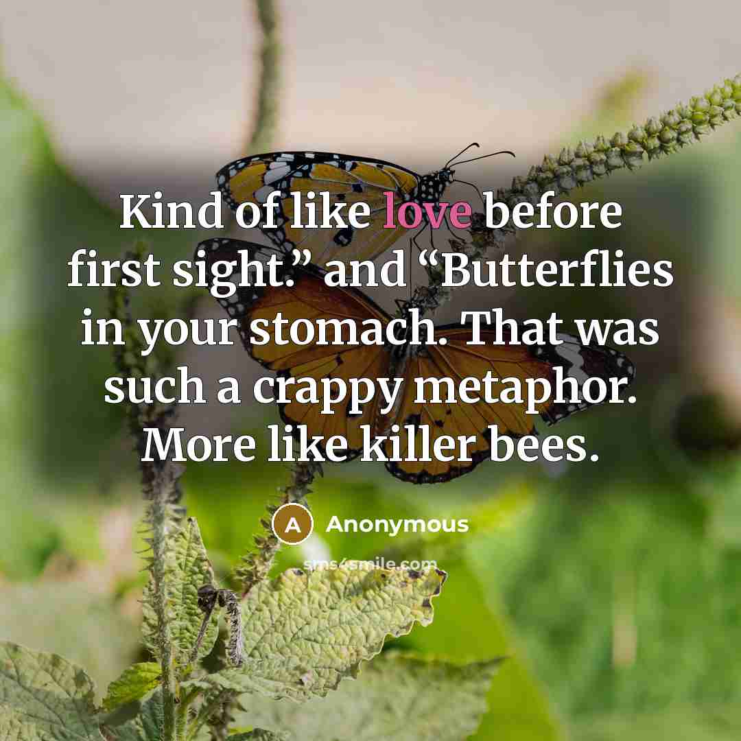 “Kind of like love before first sight.” and “Butterflies in your stomach. That was such a crappy metaphor. More like killer bees.” quote by Anonymous