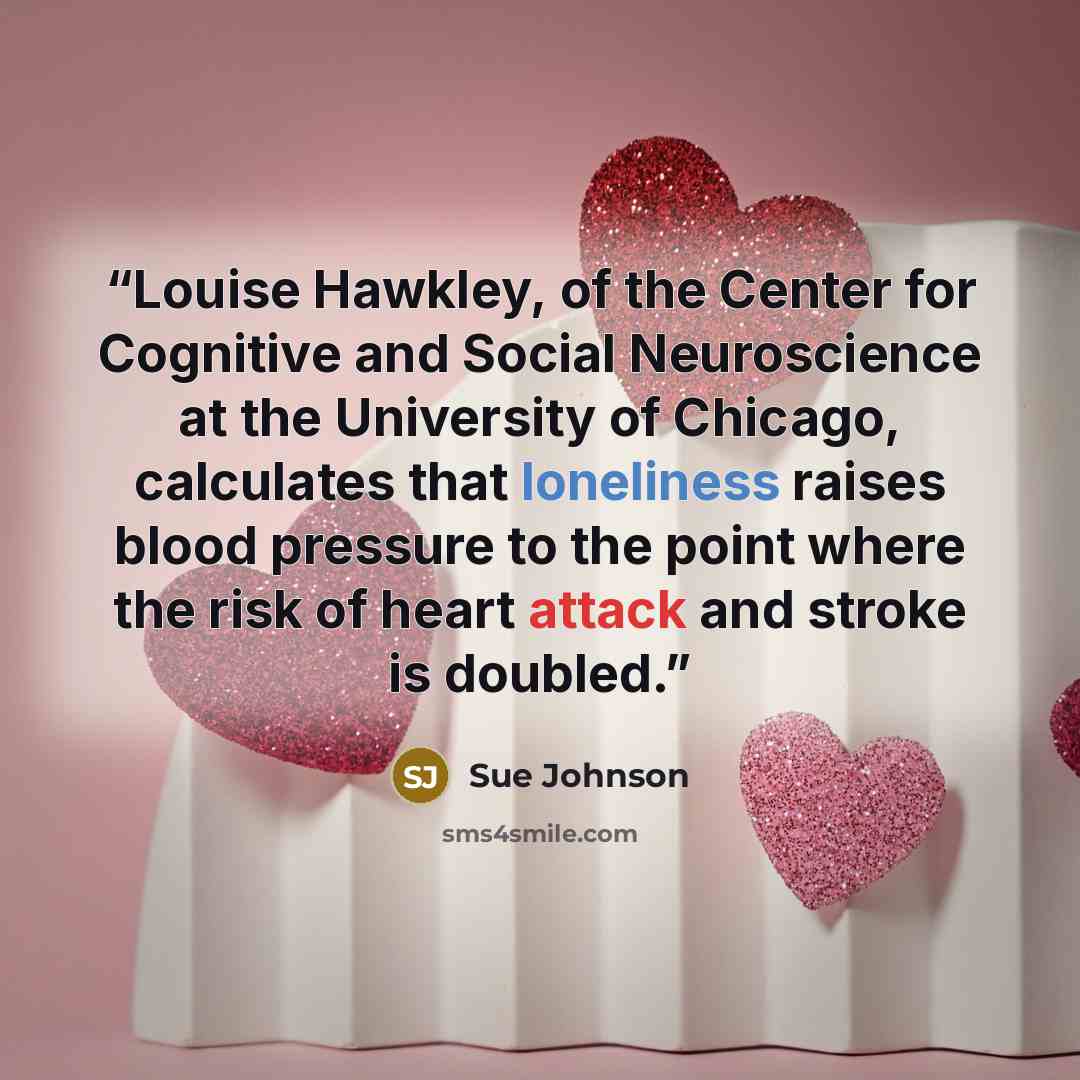 “Louise Hawkley, of the Center for Cognitive and Social Neuroscience at the University of Chicago, calculates that loneliness raises blood pressure to the point where the risk of heart attack and stroke is doubled.” quote by Sue Johnson