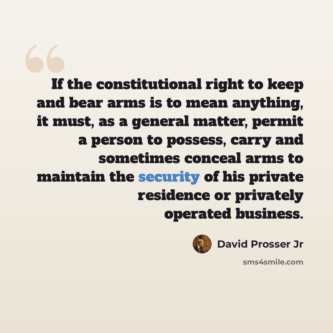 “If the constitutional right to keep and bear arms is to mean anything, it must, as a general matter, permit a person to possess, carry and sometimes conceal arms to maintain the security of his private residence or privately operated business.” quote by David Prosser Jr