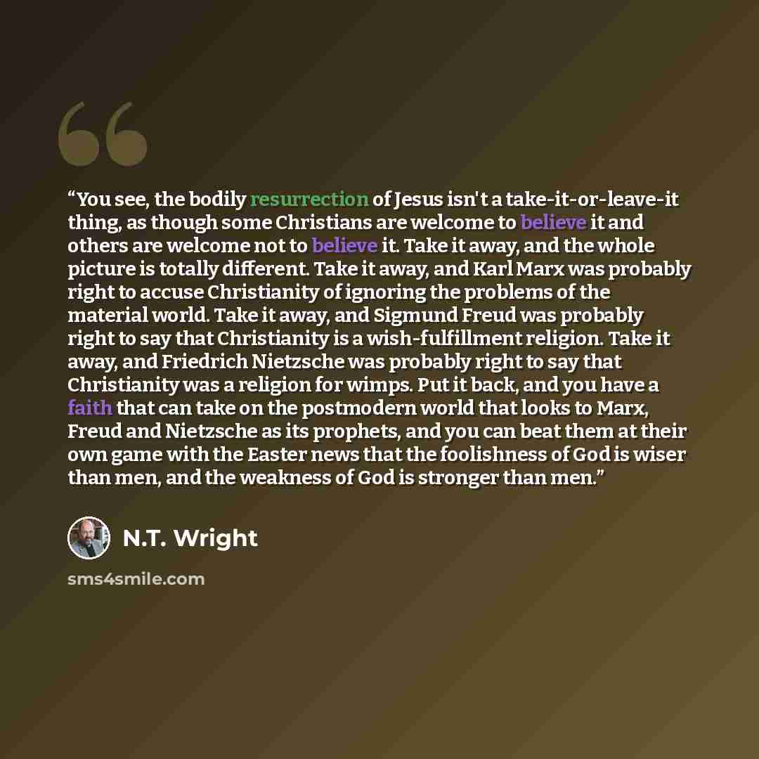 “You see, the bodily resurrection of Jesus isn't a take-it-or-leave-it thing, as though some Christians are welcome to believe it and others are welcome not to believe it. Take it away, and the whole picture is totally different. Take it away, and Karl Marx was probably right to accuse Christianity…” quote by N.T. Wright