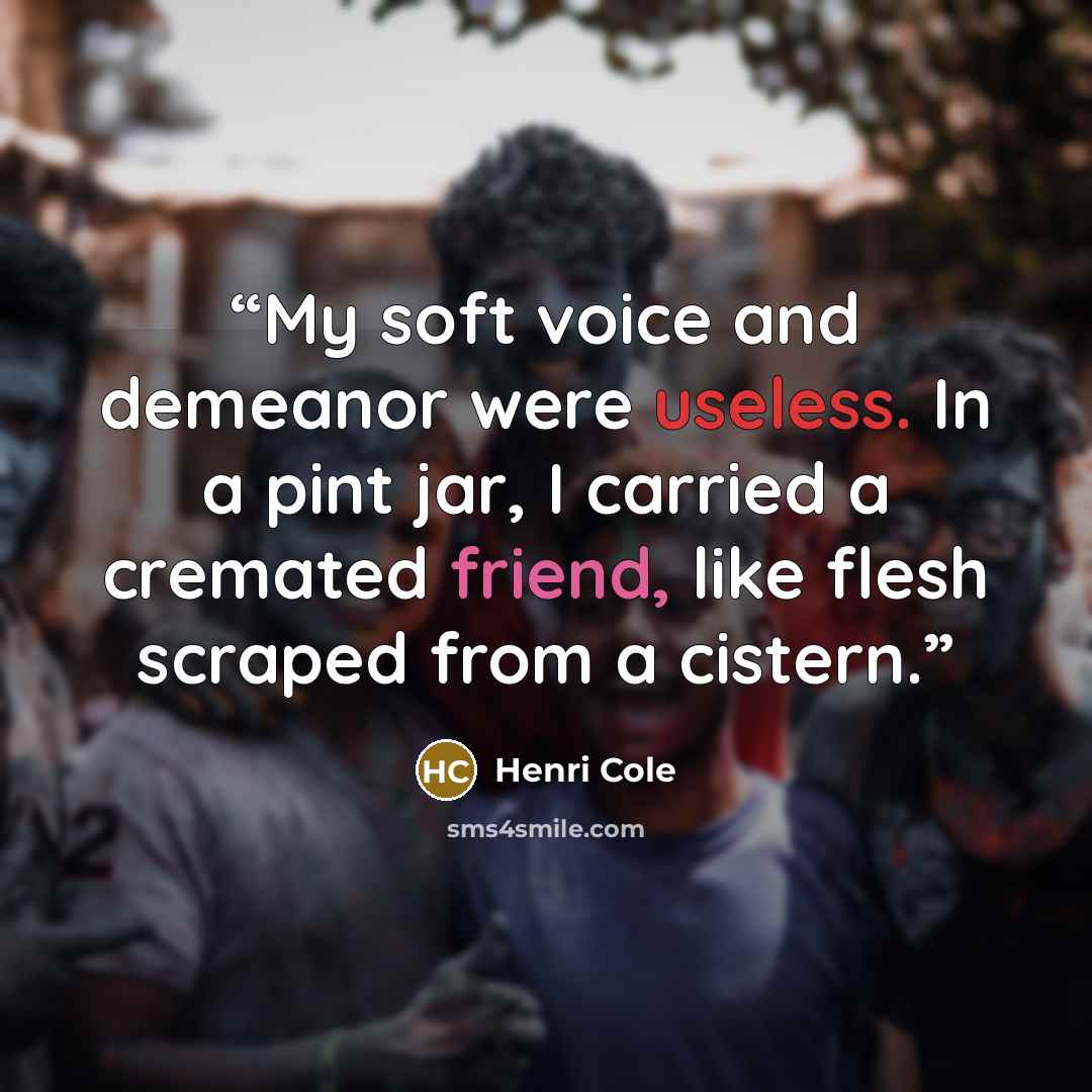 “My soft voice and demeanor were useless. In a pint jar, I carried a cremated friend, like flesh scraped from a cistern.” quote by Henri Cole