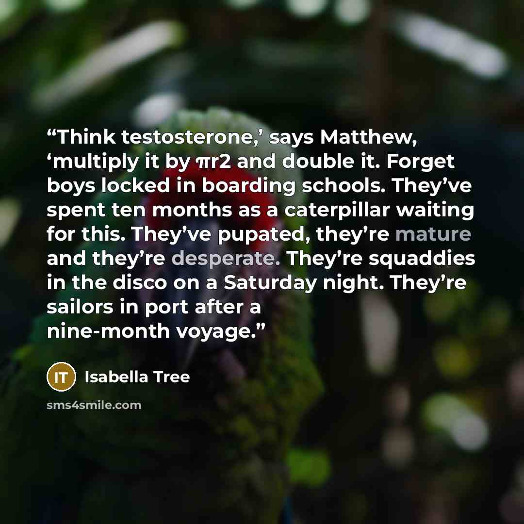 “Think testosterone,’ says Matthew, ‘multiply it by πr2 and double it. Forget boys locked in boarding schools. They’ve spent ten months as a caterpillar waiting for this. They’ve pupated, they’re mature and they’re desperate. They’re squaddies in the disco on a Saturday night. They’re sailors in…” quote by Isabella Tree