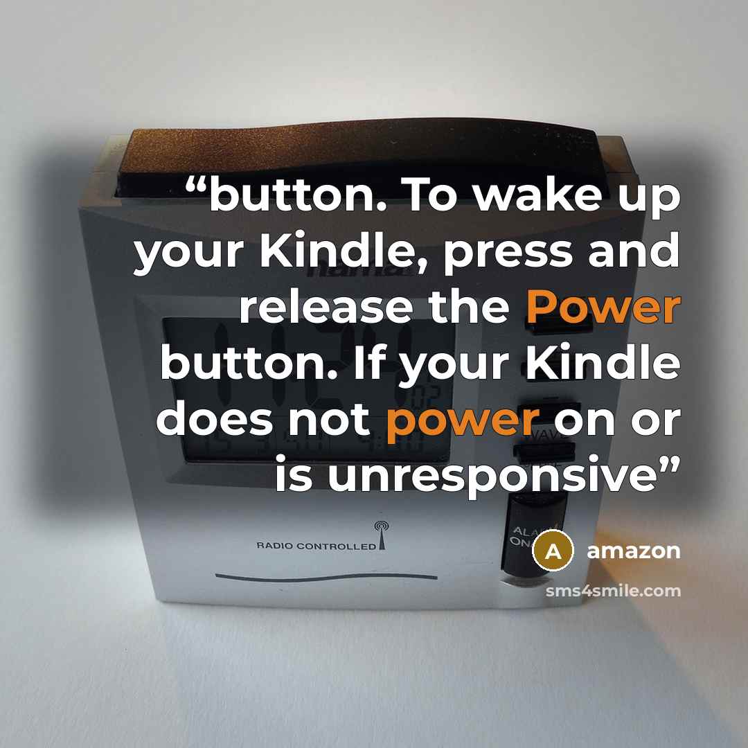 “button. To wake up your Kindle, press and release the Power button. If your Kindle does not power on or is unresponsive” quote by Amazon