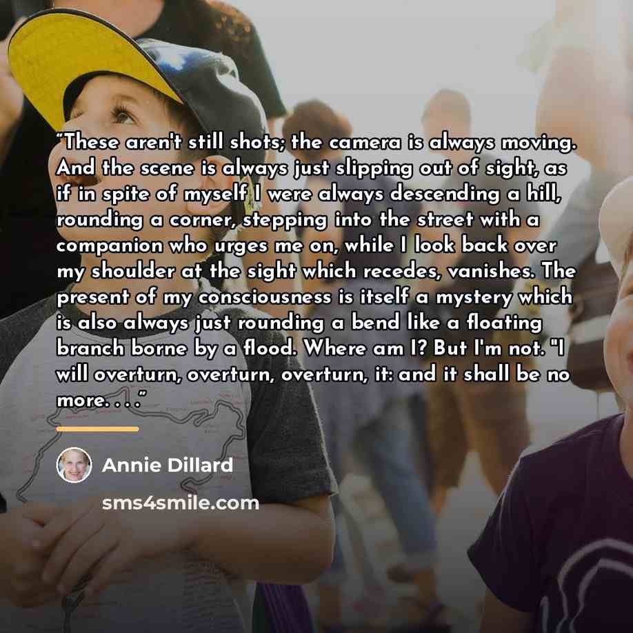 “These aren't still shots; the camera is always moving. And the scene is always just slipping out of sight, as if in spite of myself I were always descending a hill, rounding a corner, stepping into the street with a companion who urges me on, while I look back over my shoulder at the sight which…” quote by Annie Dillard