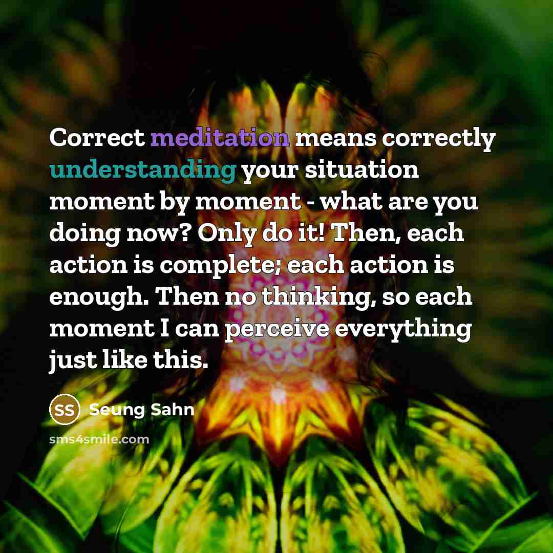 “Correct meditation means correctly understanding your situation moment by moment - what are you doing now? Only do it! Then, each action is complete; each action is enough. Then no thinking, so each moment I can perceive everything just like this.” quote by Seung Sahn