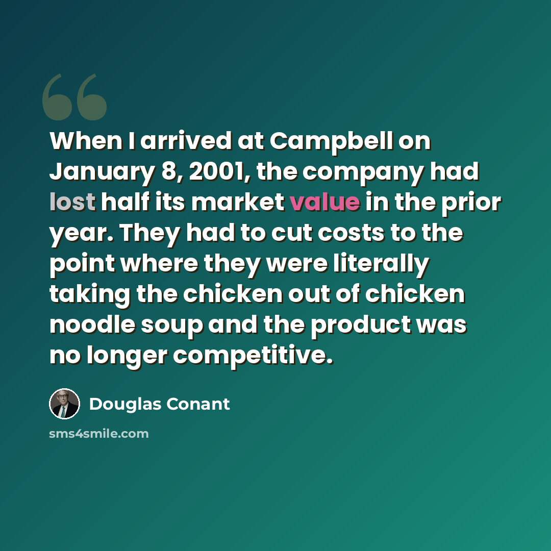 “When I arrived at Campbell on January 8, 2001, the company had lost half its market value in the prior year. They had to cut costs to the point where they were literally taking the chicken out of chicken noodle soup and the product was no longer competitive.” quote by Douglas Conant