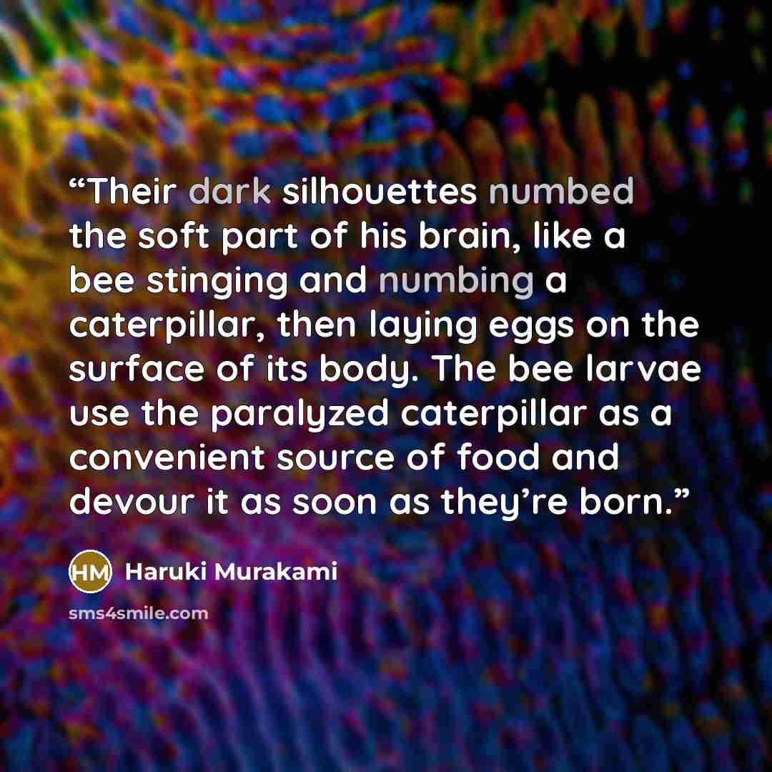 “Their dark silhouettes numbed the soft part of his brain, like a bee stinging and numbing a caterpillar, then laying eggs on the surface of its body. The bee larvae use the paralyzed caterpillar as a convenient source of food and devour it as soon as they’re born.” quote by Haruki Murakami