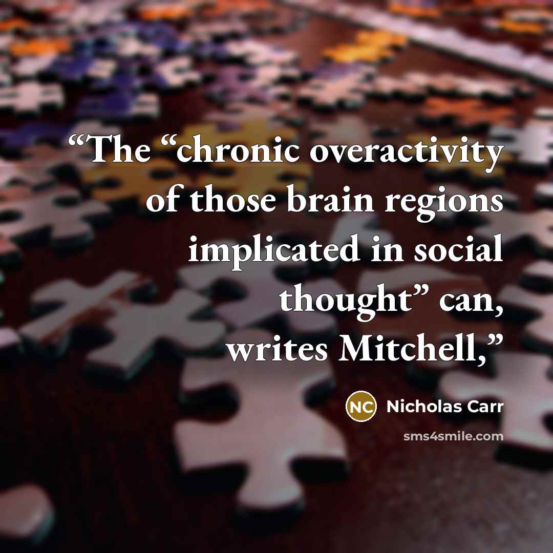 “The “chronic overactivity of those brain regions implicated in social thought” can, writes Mitchell,” quote by Nicholas Carr