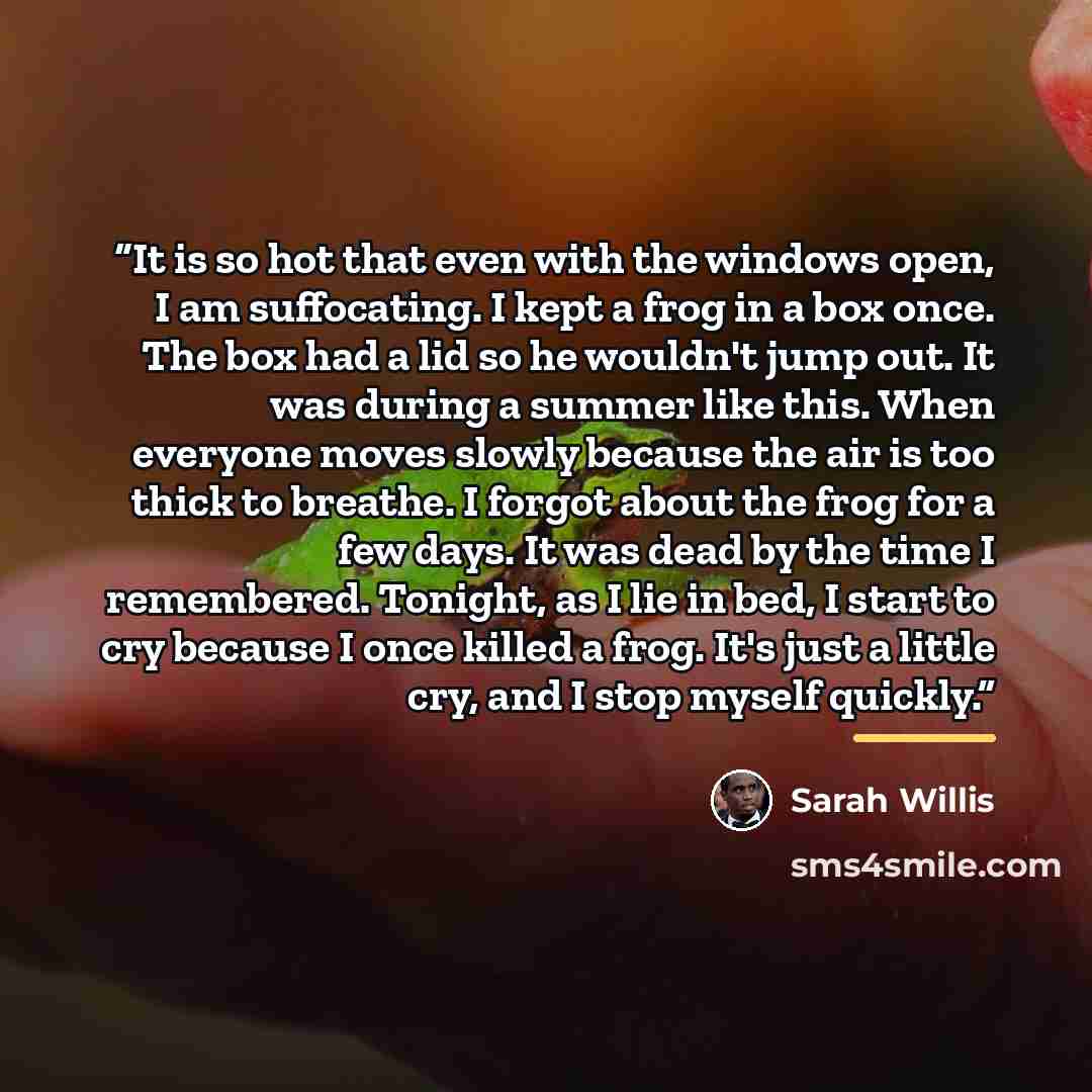 “It is so hot that even with the windows open, I am suffocating. I kept a frog in a box once. The box had a lid so he wouldn't jump out. It was during a summer like this. When everyone moves slowly because the air is too thick to breathe. I forgot about the frog for a few days. It was dead by the…” quote by Sarah Willis