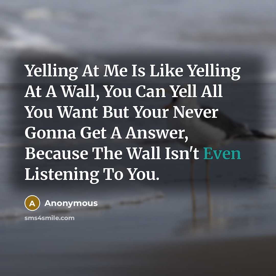 “Yelling At Me Is Like Yelling At A Wall, You Can Yell All You Want But Your Never Gonna Get A Answer, Because The Wall Isn't Even Listening To You.” quote by Anonymous