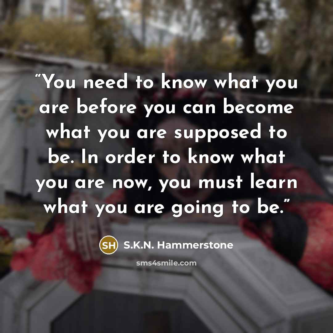 “You need to know what you are before you can become what you are supposed to be. In order to know what you are now, you must learn what you are going to be.” quote by S.K.N. Hammerstone