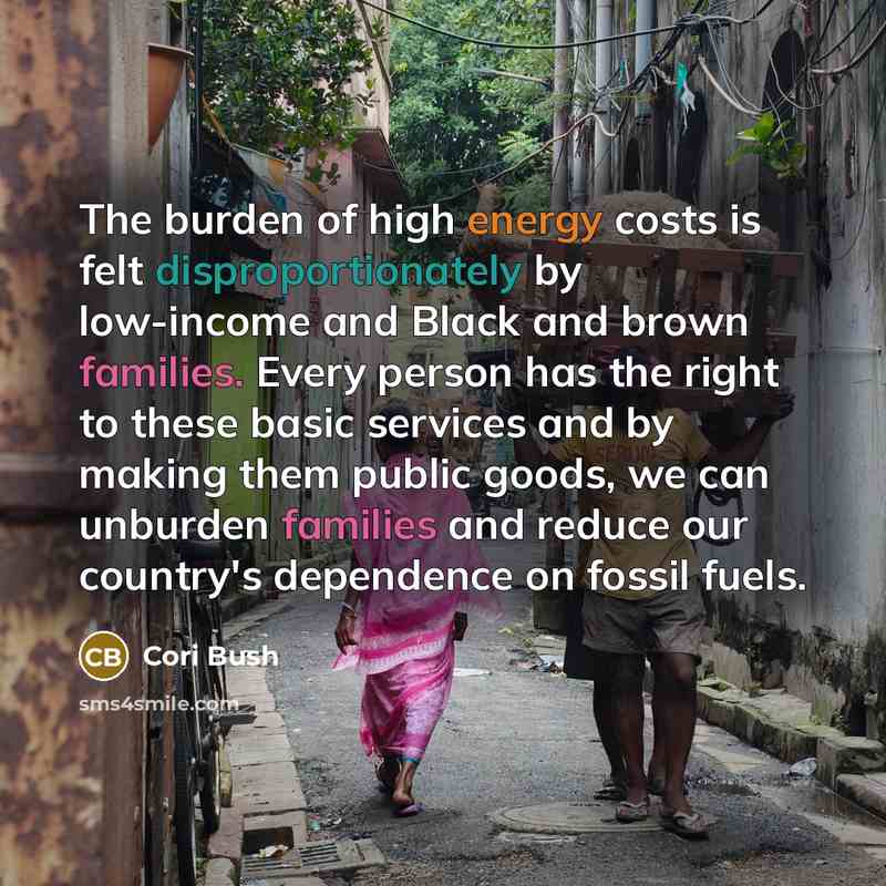 “The burden of high energy costs is felt disproportionately by low-income and Black and brown families. Every person has the right to these basic services and by making them public goods, we can unburden families and reduce our country's dependence on fossil fuels.” quote by Cori Bush