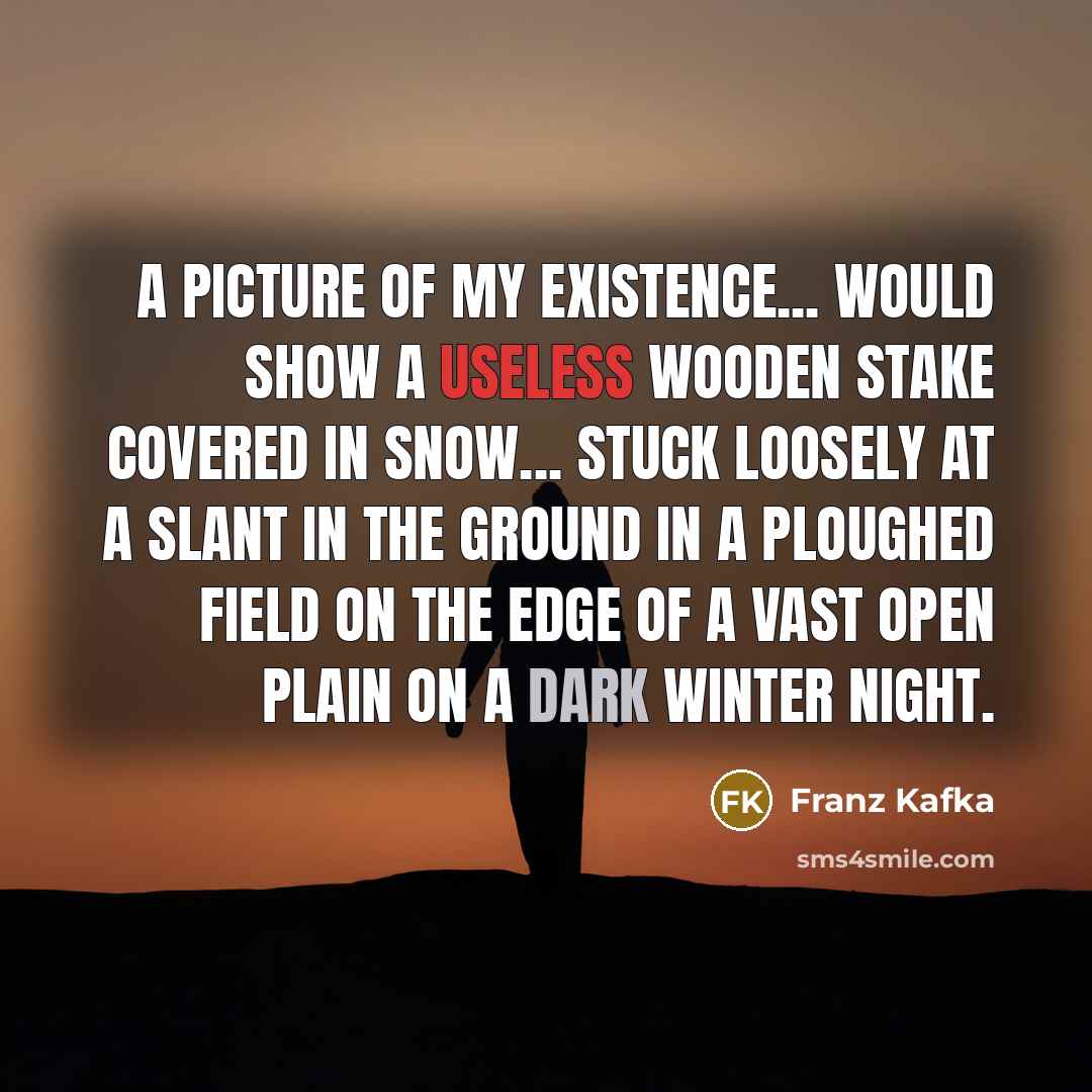 “A picture of my existence... would show a useless wooden stake covered in snow... stuck loosely at a slant in the ground in a ploughed field on the edge of a vast open plain on a dark winter night.” quote by Franz Kafka
