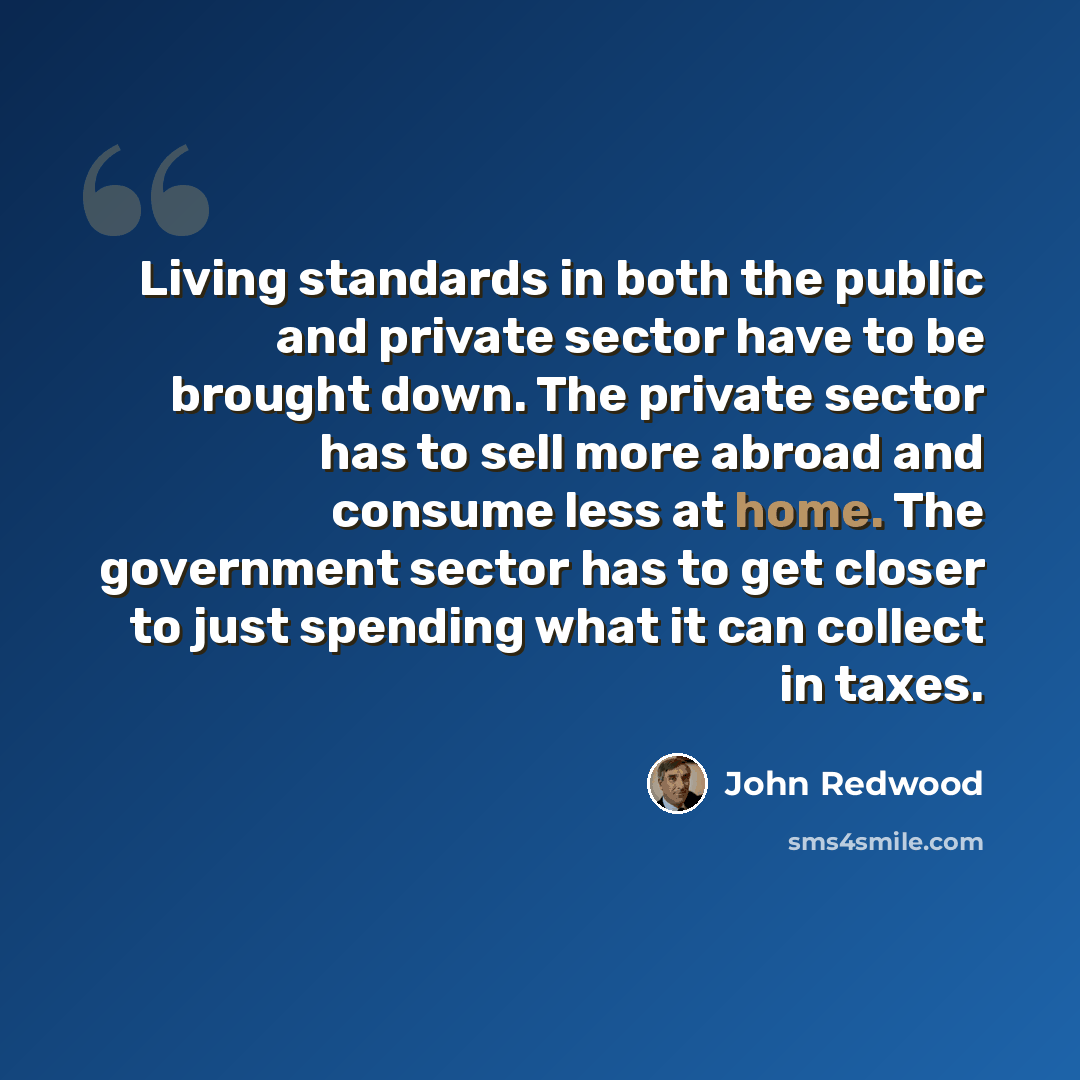 “Living standards in both the public and private sector have to be brought down. The private sector has to sell more abroad and consume less at home. The government sector has to get closer to just spending what it can collect in taxes.” quote by John Redwood