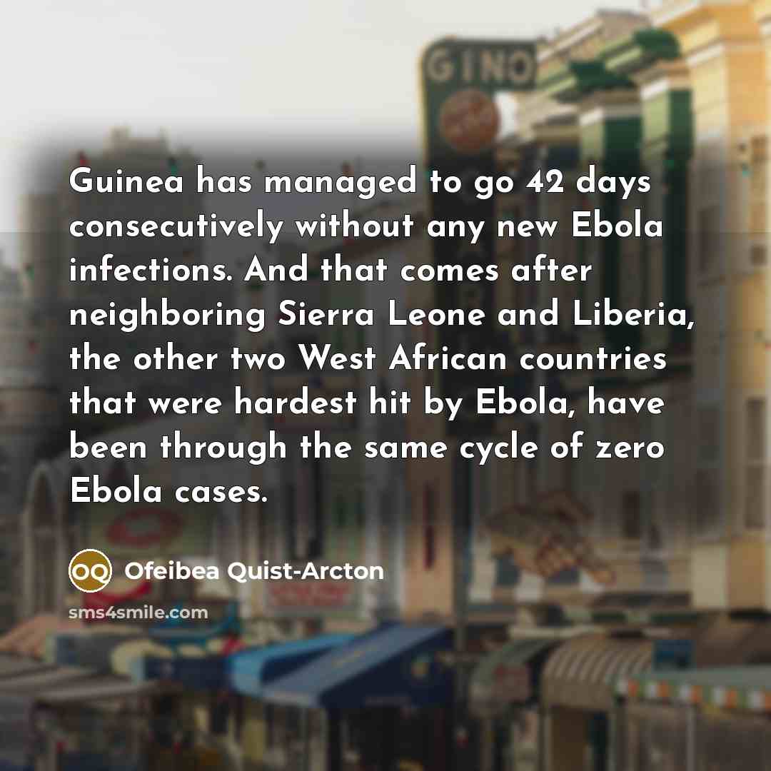 “Guinea has managed to go 42 days consecutively without any new Ebola infections. And that comes after neighboring Sierra Leone and Liberia, the other two West African countries that were hardest hit by Ebola, have been through the same cycle of zero Ebola cases.” quote by Ofeibea Quist-Arcton