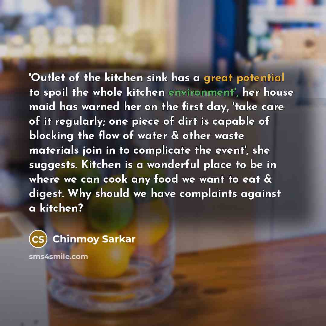“'Outlet of the kitchen sink has a great potential to spoil the whole kitchen environment', her house maid has warned her on the first day, 'take care of it regularly; one piece of dirt is capable of blocking the flow of water & other waste materials join in to complicate the event', she suggests…” quote by Chinmoy Sarkar