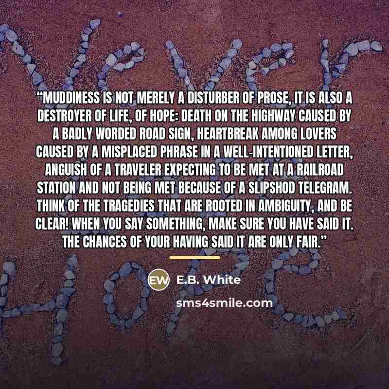 “Muddiness is not merely a disturber of prose, it is also a destroyer of life, of hope: death on the highway caused by a badly worded road sign, heartbreak among lovers caused by a misplaced phrase in a well-intentioned letter, anguish of a traveler expecting to be met at a railroad station and not…” quote by E.B. White