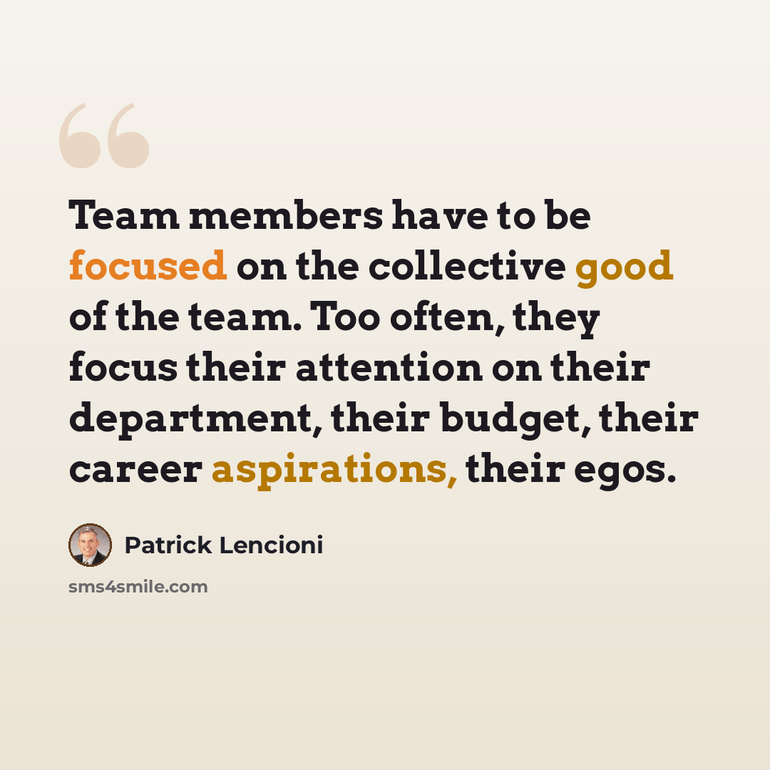 “Team members have to be focused on the collective good of the team. Too often, they focus their attention on their department, their budget, their career aspirations, their egos.” quote by Patrick Lencioni