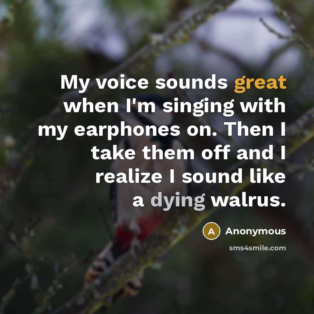 “My voice sounds great when I'm singing with my earphones on. Then I take them off and I realize I sound like a dying walrus.” quote by Anonymous
