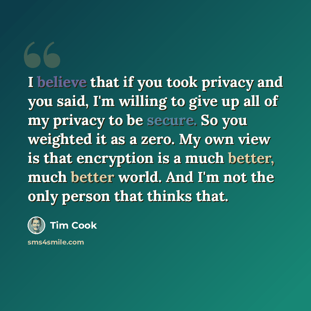 “I believe that if you took privacy and you said, I'm willing to give up all of my privacy to be secure. So you weighted it as a zero. My own view is that encryption is a much better, much better world. And I'm not the only person that thinks that.” quote by Tim Cook