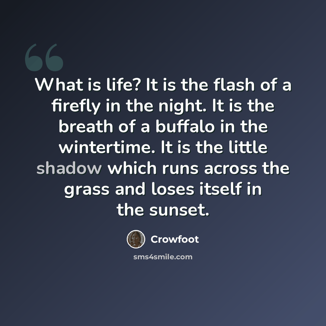 “What is life? It is the flash of a firefly in the night. It is the breath of a buffalo in the wintertime. It is the little shadow which runs across the grass and loses itself in the sunset.” quote by Crowfoot