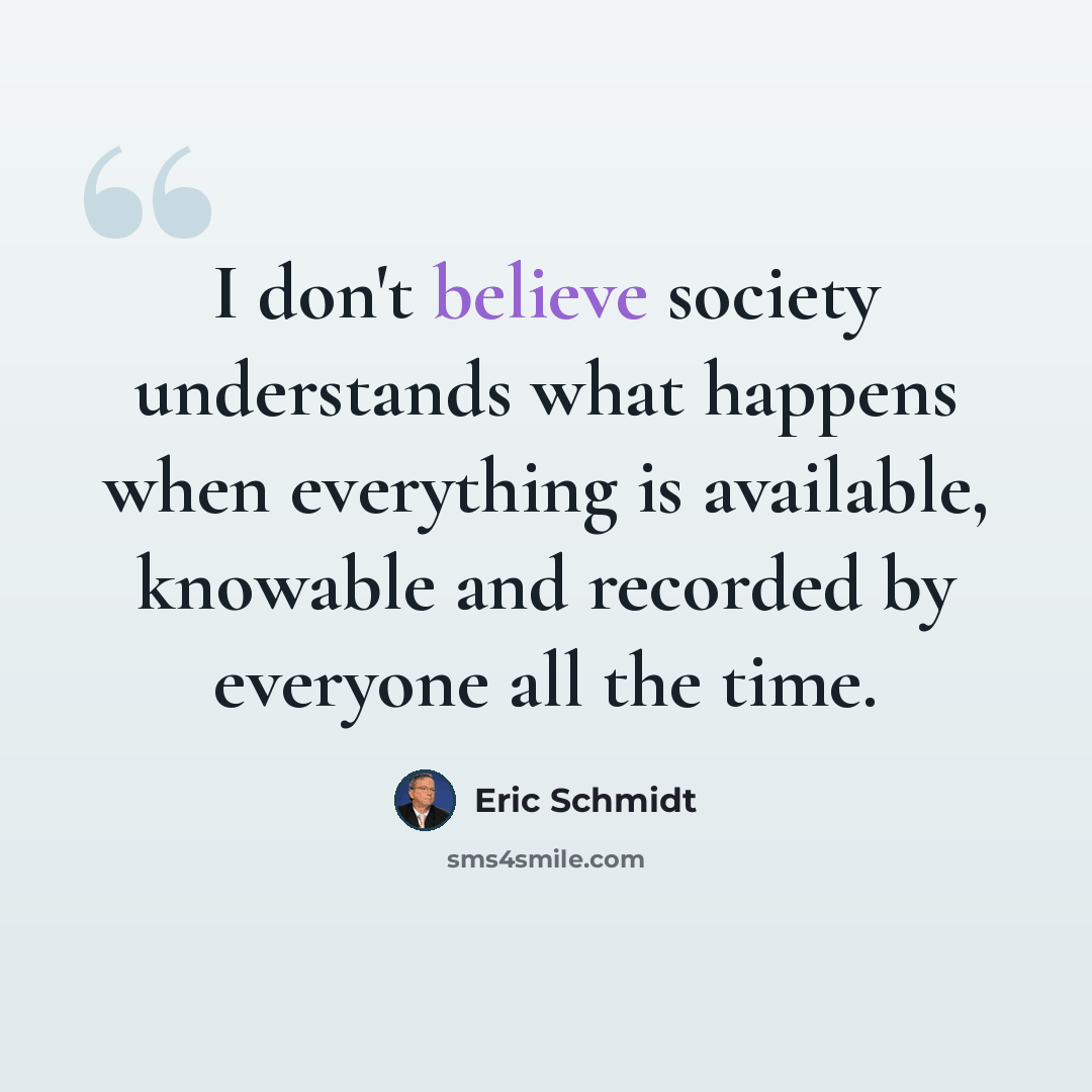“I don't believe society understands what happens when everything is available, knowable and recorded by everyone all the time.” quote by Eric Schmidt