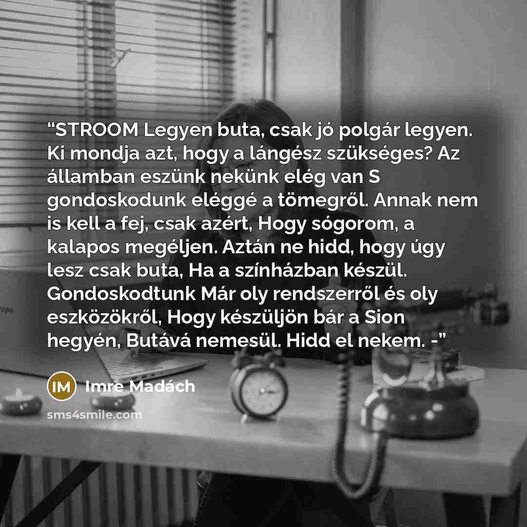 “STROOM Legyen buta, csak jó polgár legyen. Ki mondja azt, hogy a lángész szükséges? Az államban eszünk nekünk elég van S gondoskodunk eléggé a tömegről. Annak nem is kell a fej, csak azért, Hogy sógorom, a kalapos megéljen. Aztán ne hidd, hogy úgy lesz csak buta, Ha a színházban készül…” quote by Imre Madách