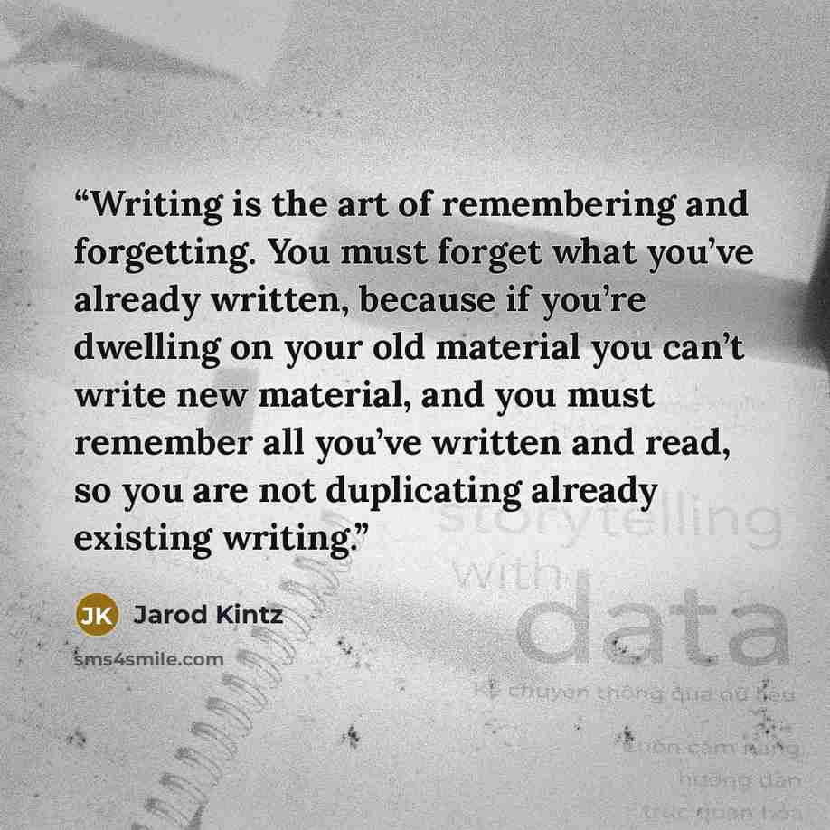 “Writing is the art of remembering and forgetting. You must forget what you’ve already written, because if you’re dwelling on your old material you can’t write new material, and you must remember all you’ve written and read, so you are not duplicating already existing writing.” quote by Jarod Kintz