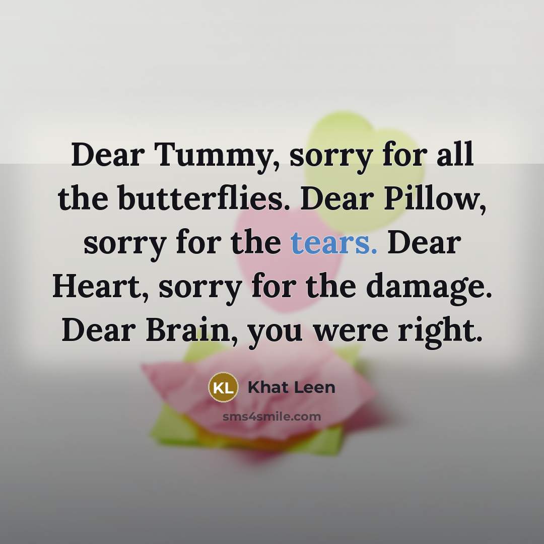 “Dear Tummy, sorry for all the butterflies. Dear Pillow, sorry for the tears. Dear Heart, sorry for the damage. Dear Brain, you were right.” quote by Khat Leen