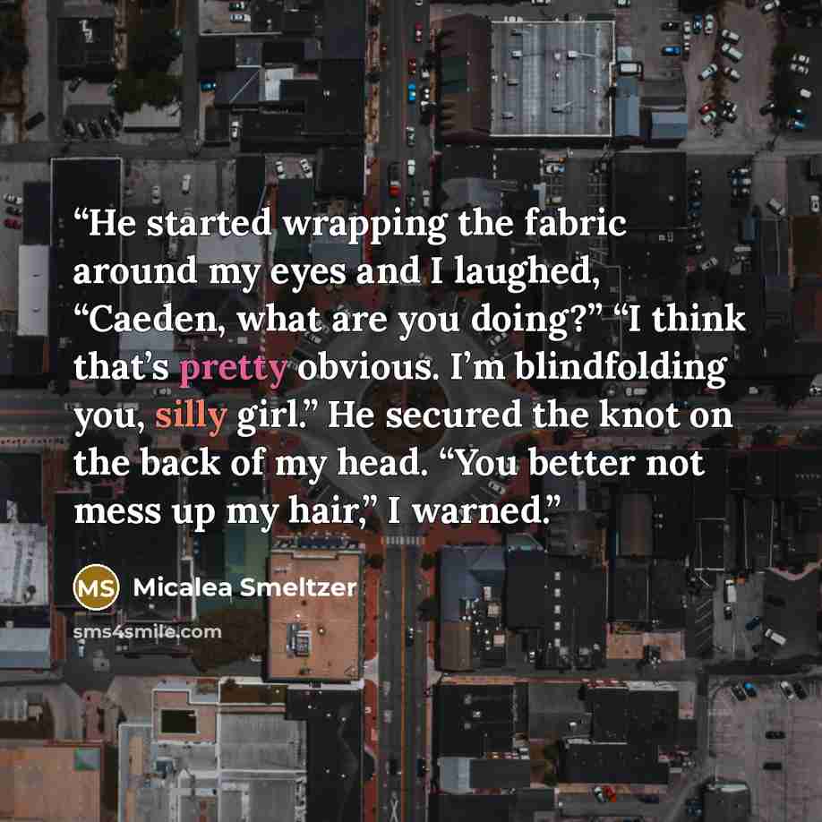 “He started wrapping the fabric around my eyes and I laughed, “Caeden, what are you doing?” “I think that’s pretty obvious. I’m blindfolding you, silly girl.” He secured the knot on the back of my head. “You better not mess up my hair,” I warned.” quote by Micalea Smeltzer