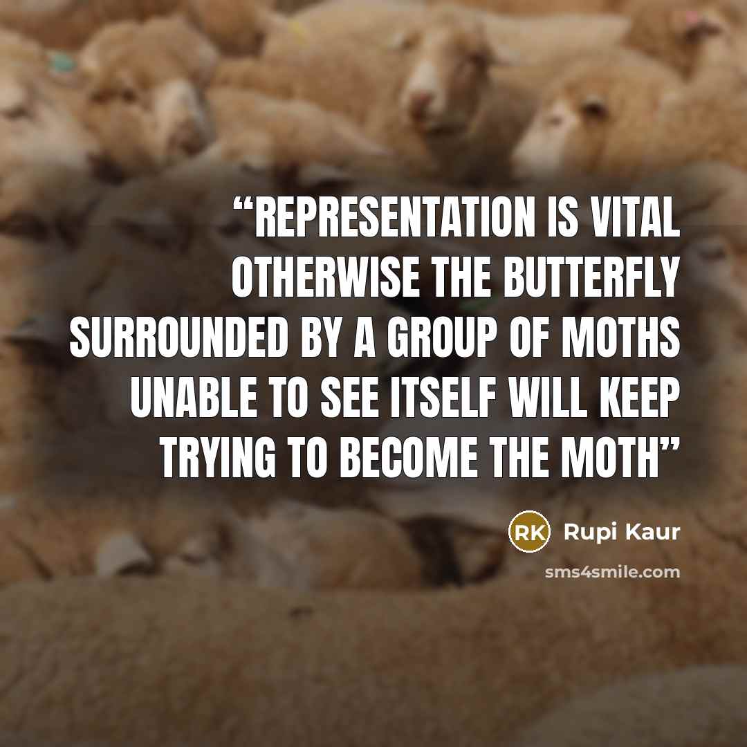 “representation is vital otherwise the butterfly surrounded by a group of moths unable to see itself will keep trying to become the moth” quote by Rupi Kaur