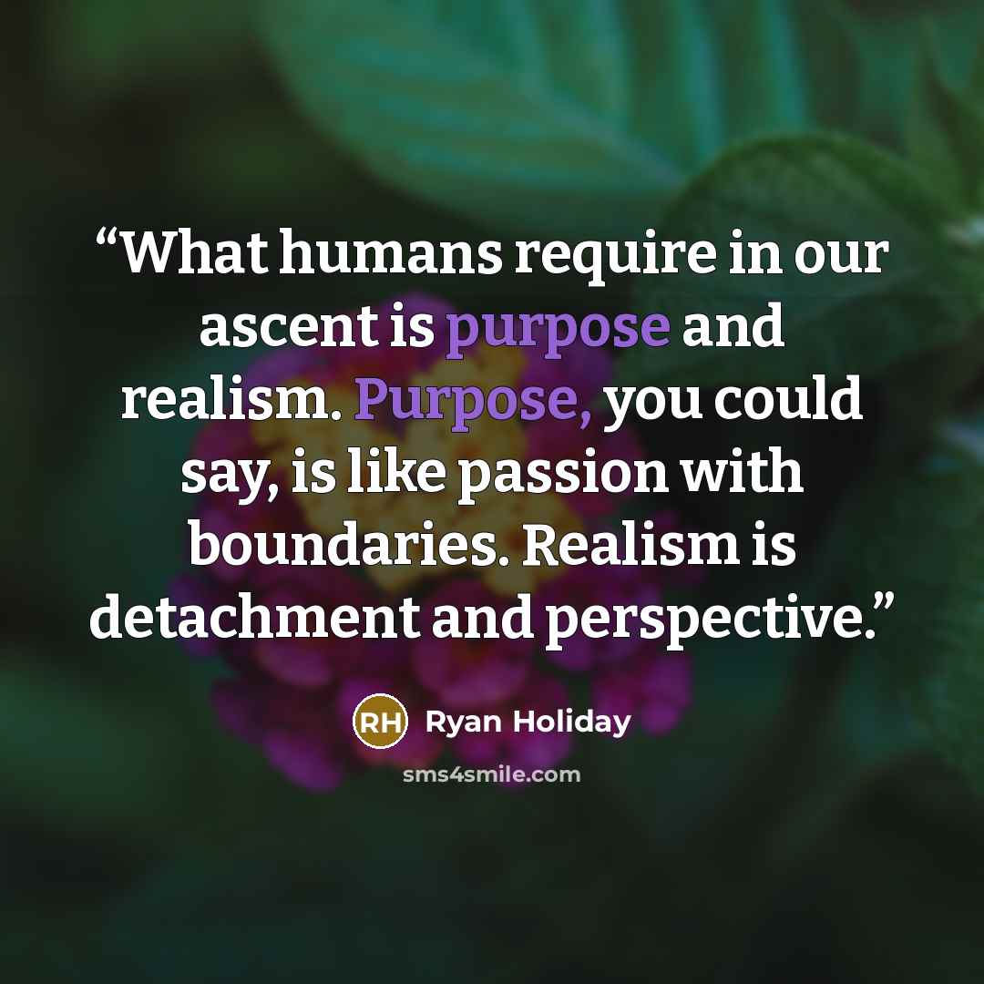 “What humans require in our ascent is purpose and realism. Purpose, you could say, is like passion with boundaries. Realism is detachment and perspective.” quote by Ryan Holiday