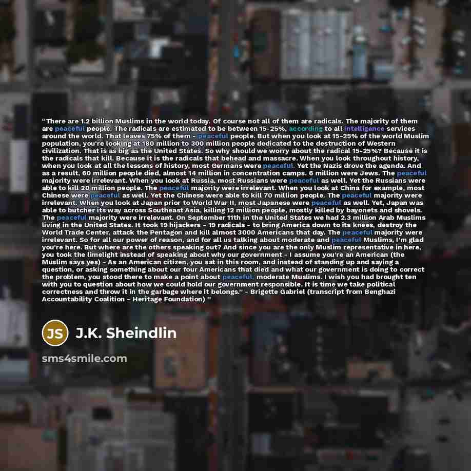 “There are 1.2 billion Muslims in the world today. Of course not all of them are radicals. The majority of them are peaceful people. The radicals are estimated to be between 15-25%, according to all intelligence services around the world. That leaves 75% of them - peaceful people. But when you look…” quote by J.K. Sheindlin