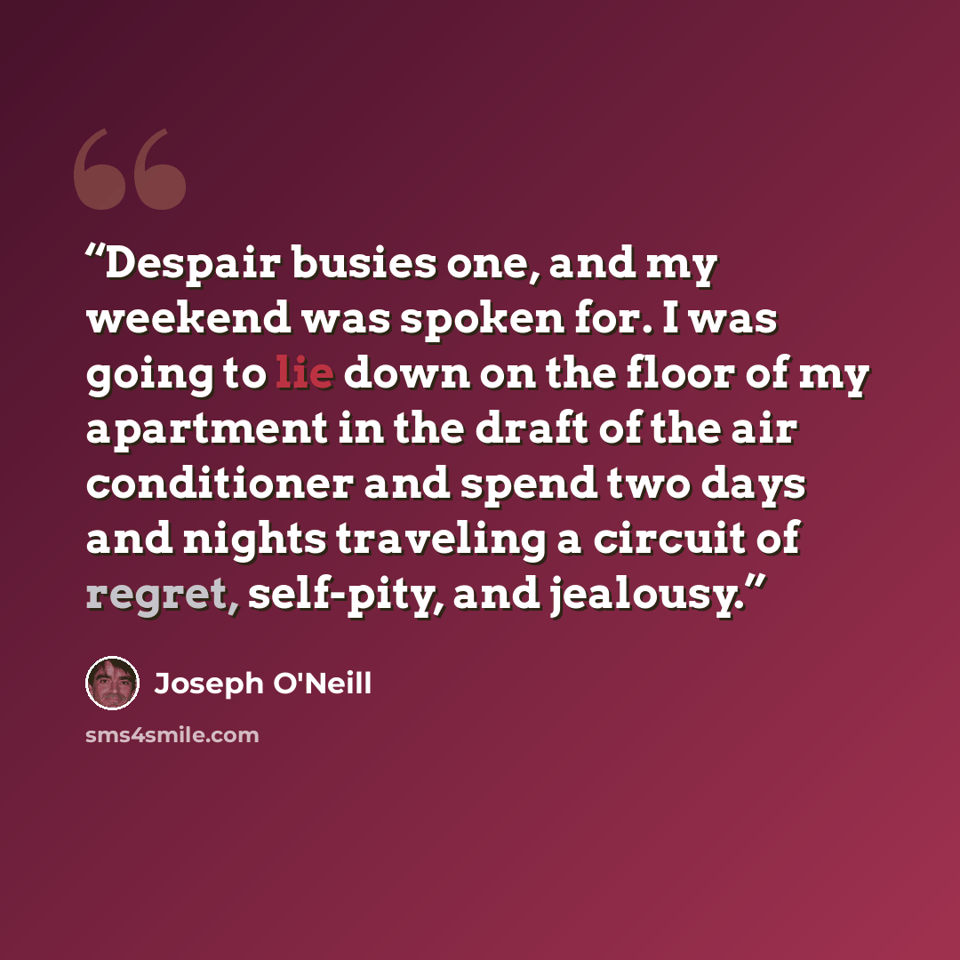“Despair busies one, and my weekend was spoken for. I was going to lie down on the floor of my apartment in the draft of the air conditioner and spend two days and nights traveling a circuit of regret, self-pity, and jealousy.” quote by Joseph O'Neill