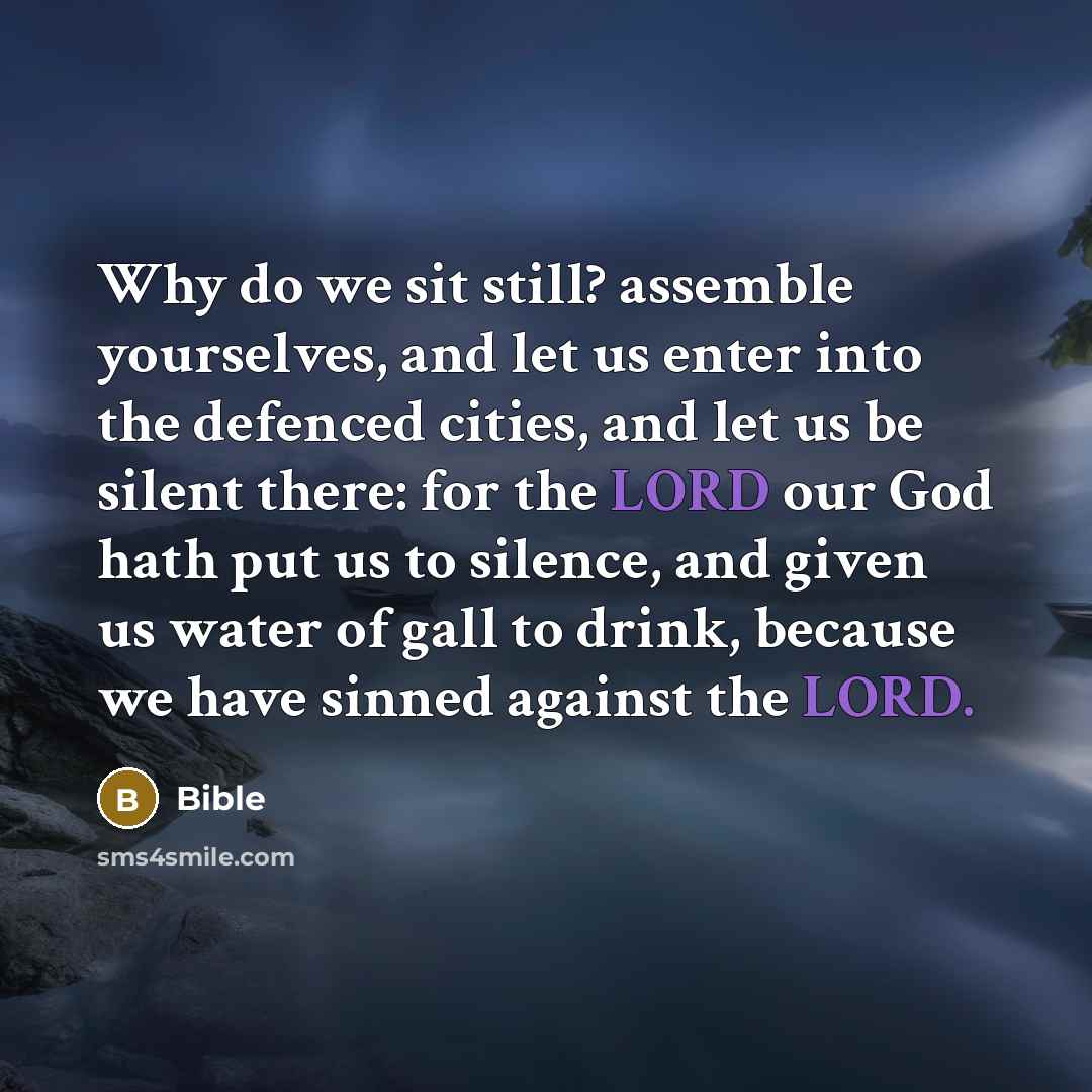 “Why do we sit still? assemble yourselves, and let us enter into the defenced cities, and let us be silent there: for the LORD our God hath put us to silence, and given us water of gall to drink, because we have sinned against the LORD.” quote by Bible