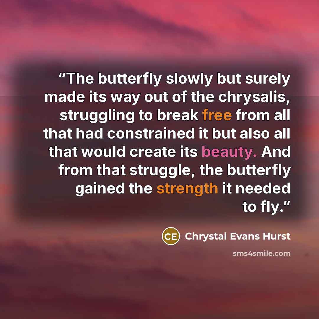 “The butterfly slowly but surely made its way out of the chrysalis, struggling to break free from all that had constrained it but also all that would create its beauty. And from that struggle, the butterfly gained the strength it needed to fly.” quote by Chrystal Evans Hurst