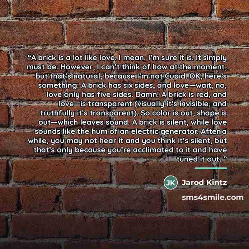 “A brick is a lot like love. I mean, I’m sure it is. It simply must be. However, I can’t think of how at the moment, but that’s natural, because I’m not Cupid. OK, here’s something: A brick has six sides, and love—wait, no, love only has five sides. Damn! A brick is red, and love—is transparent…” quote by Jarod Kintz