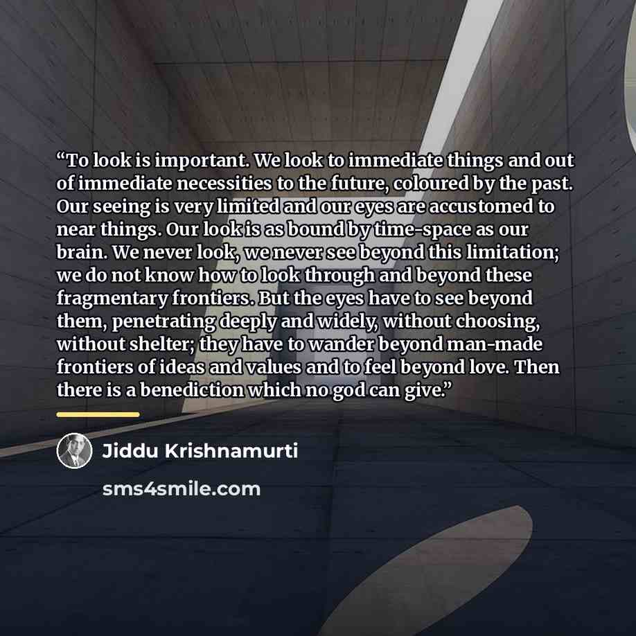 “To look is important. We look to immediate things and out of immediate necessities to the future, coloured by the past. Our seeing is very limited and our eyes are accustomed to near things. Our look is as bound by time-space as our brain. We never look, we never see beyond this limitation; we do…” quote by Jiddu Krishnamurti