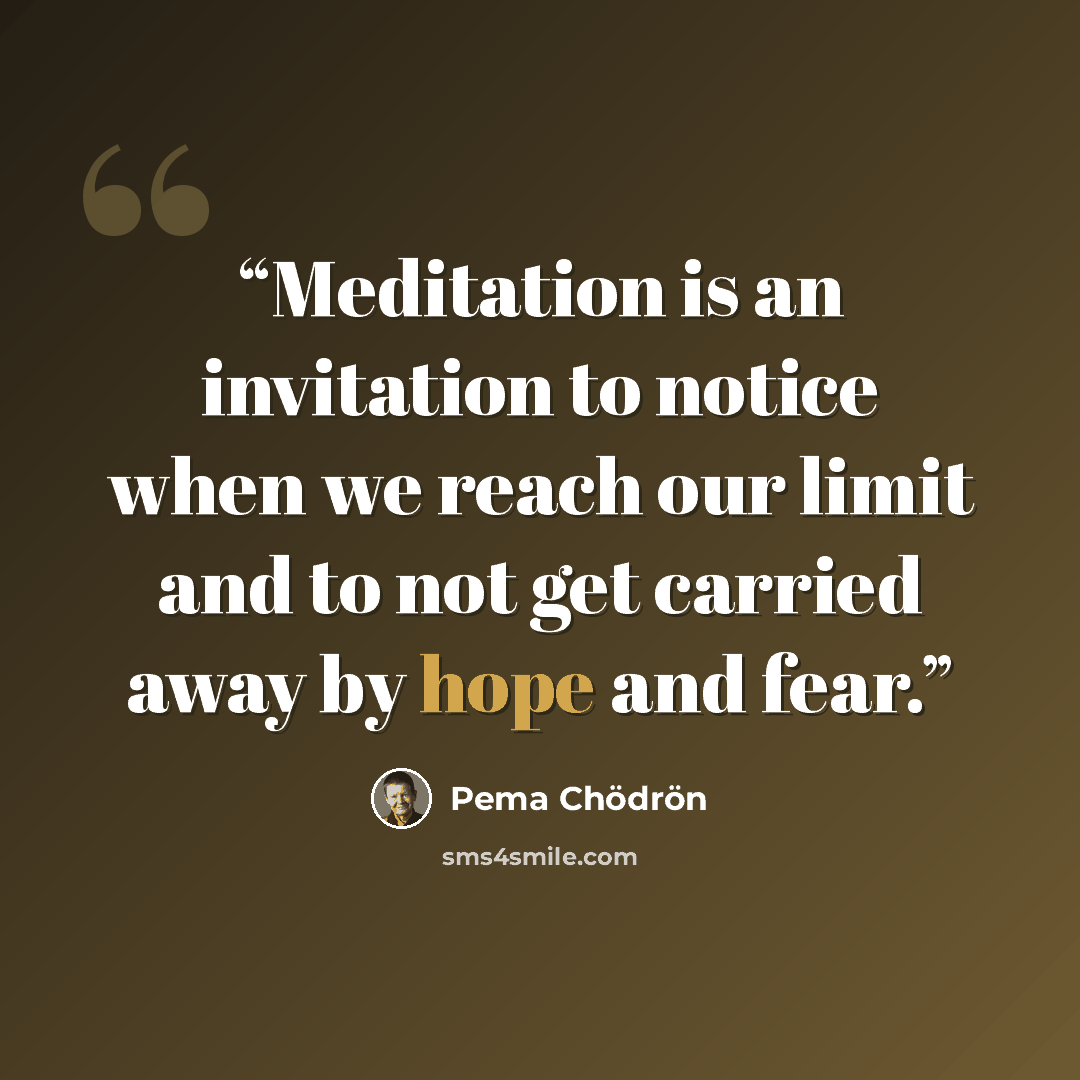 “Meditation is an invitation to notice when we reach our limit and to not get carried away by hope and fear.” quote by Pema Chödrön