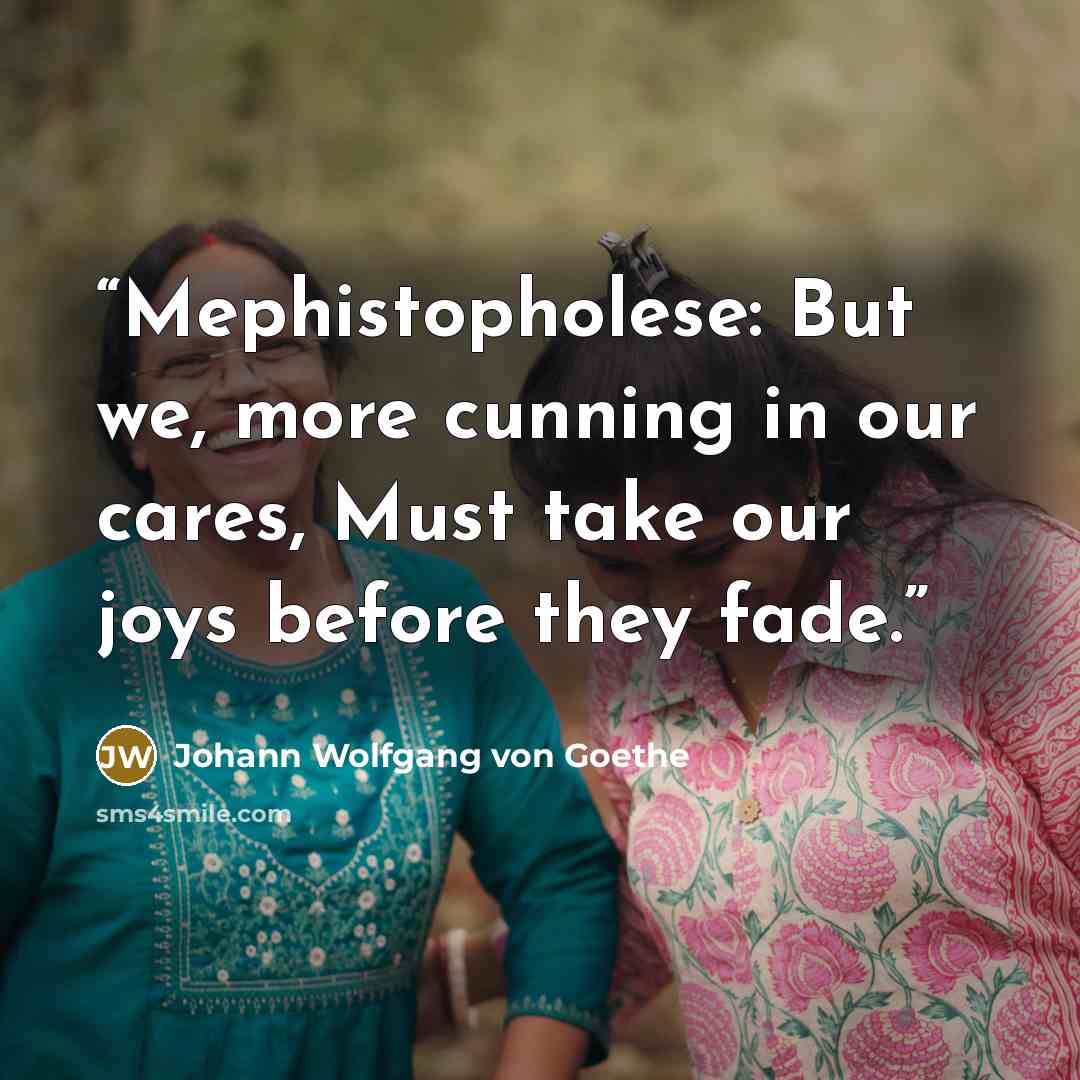 “Mephistopholese: But we, more cunning in our cares, Must take our joys before they fade.” quote by Johann Wolfgang von Goethe