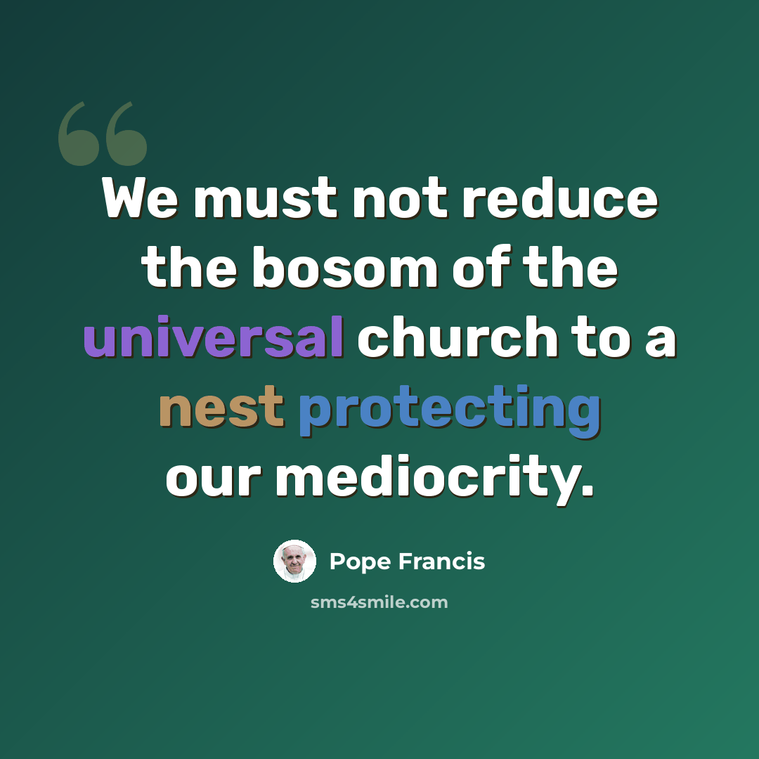 “We must not reduce the bosom of the universal church to a nest protecting our mediocrity.” quote by Pope Francis