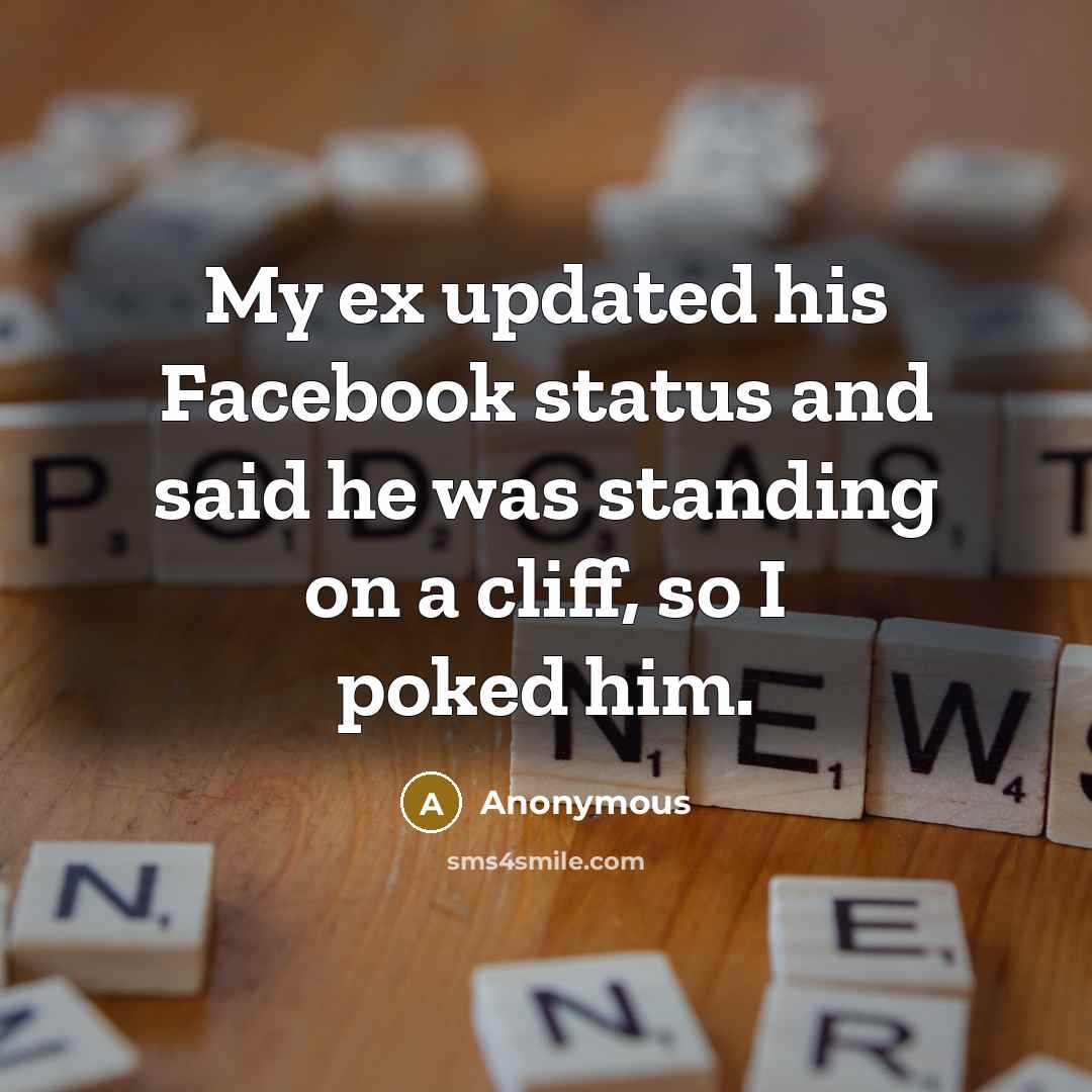 “My ex updated his Facebook status and said he was standing on a cliff, so I poked him.” quote by Anonymous