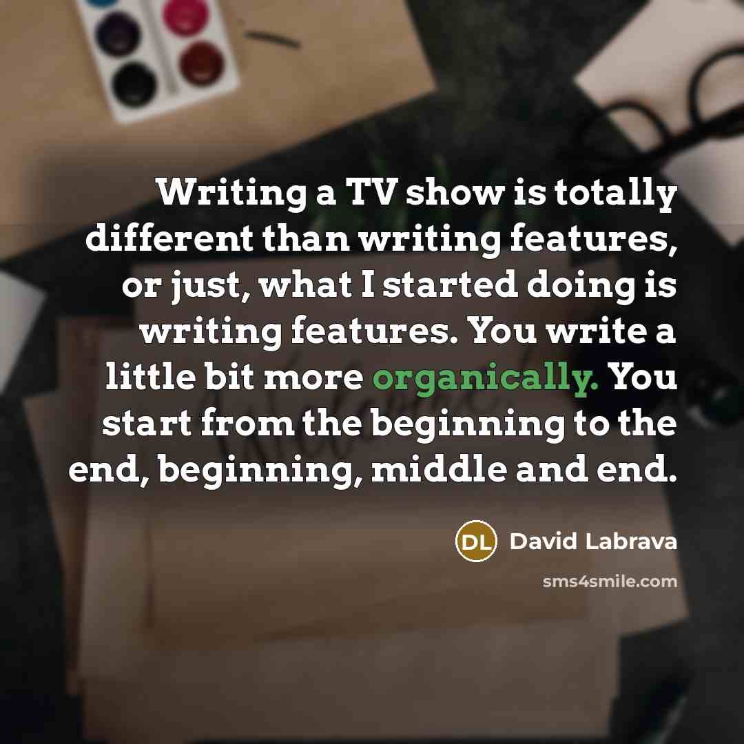 “Writing a TV show is totally different than writing features, or just, what I started doing is writing features. You write a little bit more organically. You start from the beginning to the end, beginning, middle and end.” quote by David Labrava