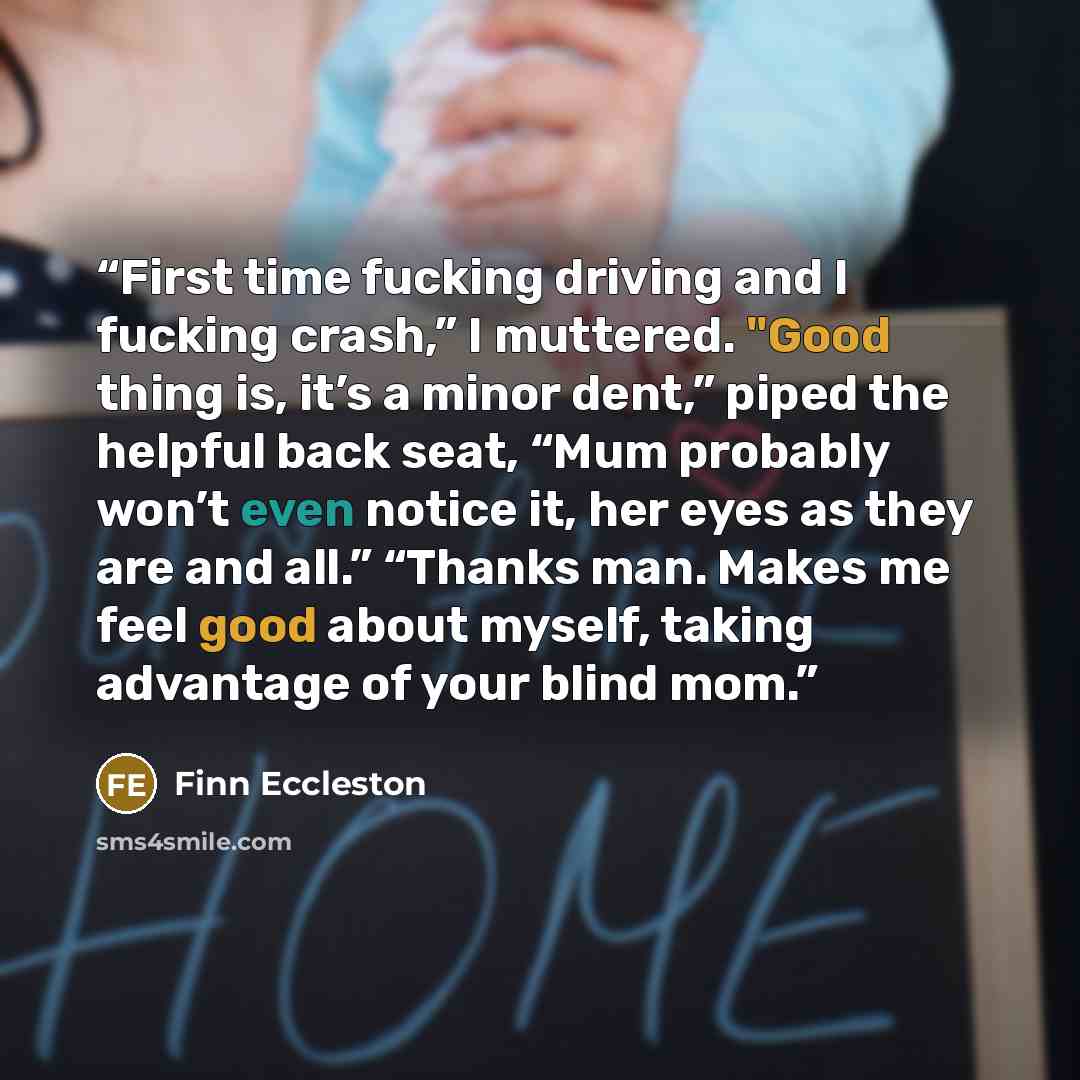 “First time fucking driving and I fucking crash,” I muttered. "Good thing is, it’s a minor dent,” piped the helpful back seat, “Mum probably won’t even notice it, her eyes as they are and all.” “Thanks man. Makes me feel good about myself, taking advantage of your blind mom.” quote by Finn Eccleston