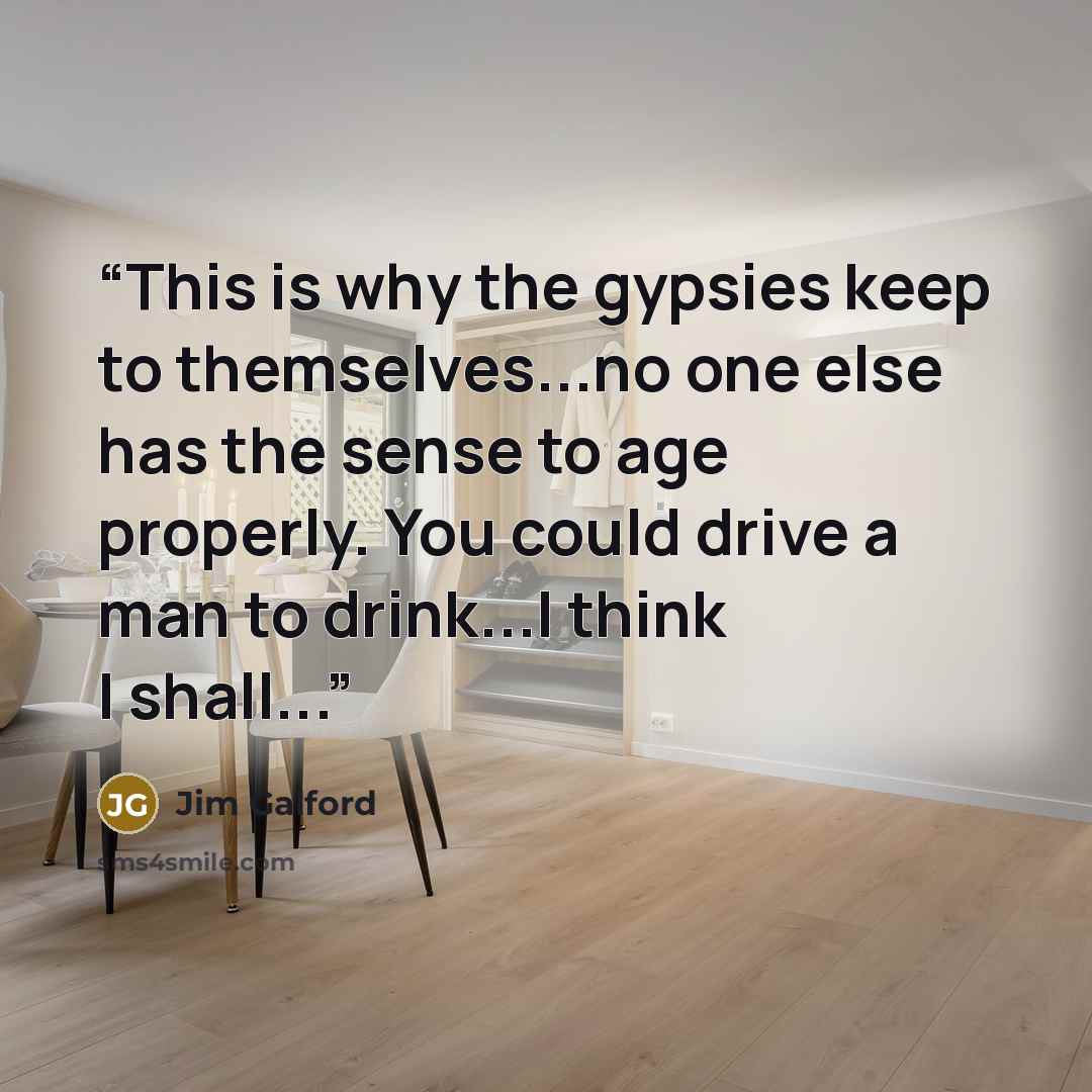 “This is why the gypsies keep to themselves...no one else has the sense to age properly. You could drive a man to drink...I think I shall...” quote by Jim Galford