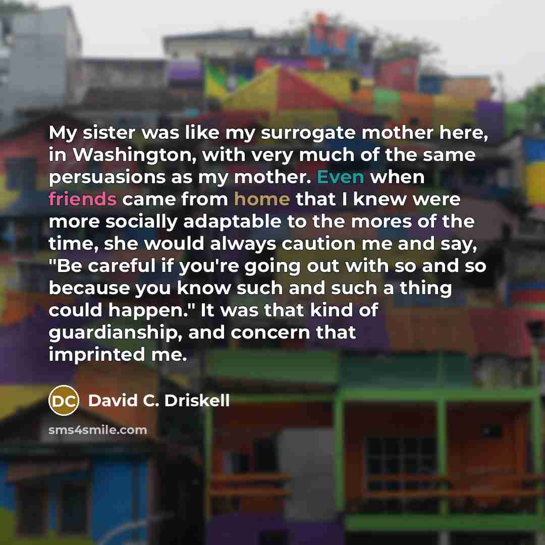 “My sister was like my surrogate mother here, in Washington, with very much of the same persuasions as my mother. Even when friends came from home that I knew were more socially adaptable to the mores of the time, she would always caution me and say, "Be careful if you're going out with so and so…” quote by David C. Driskell